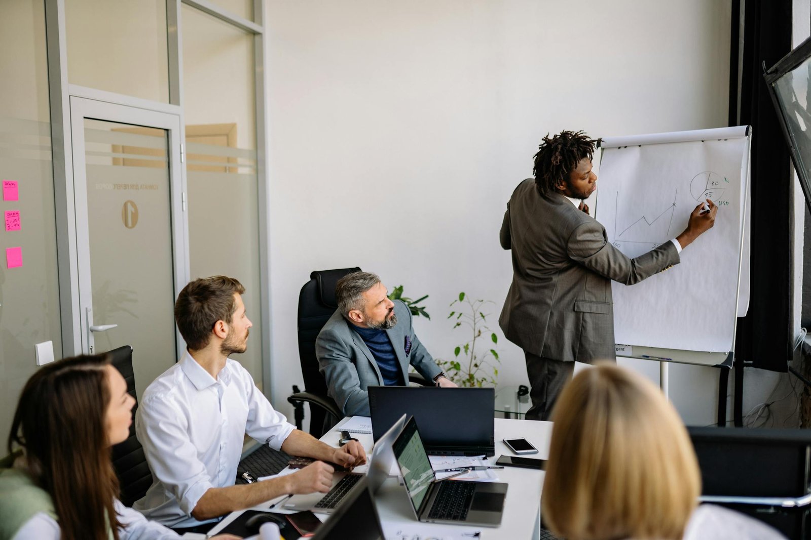 A diverse team in a modern office engaged in a strategic meeting