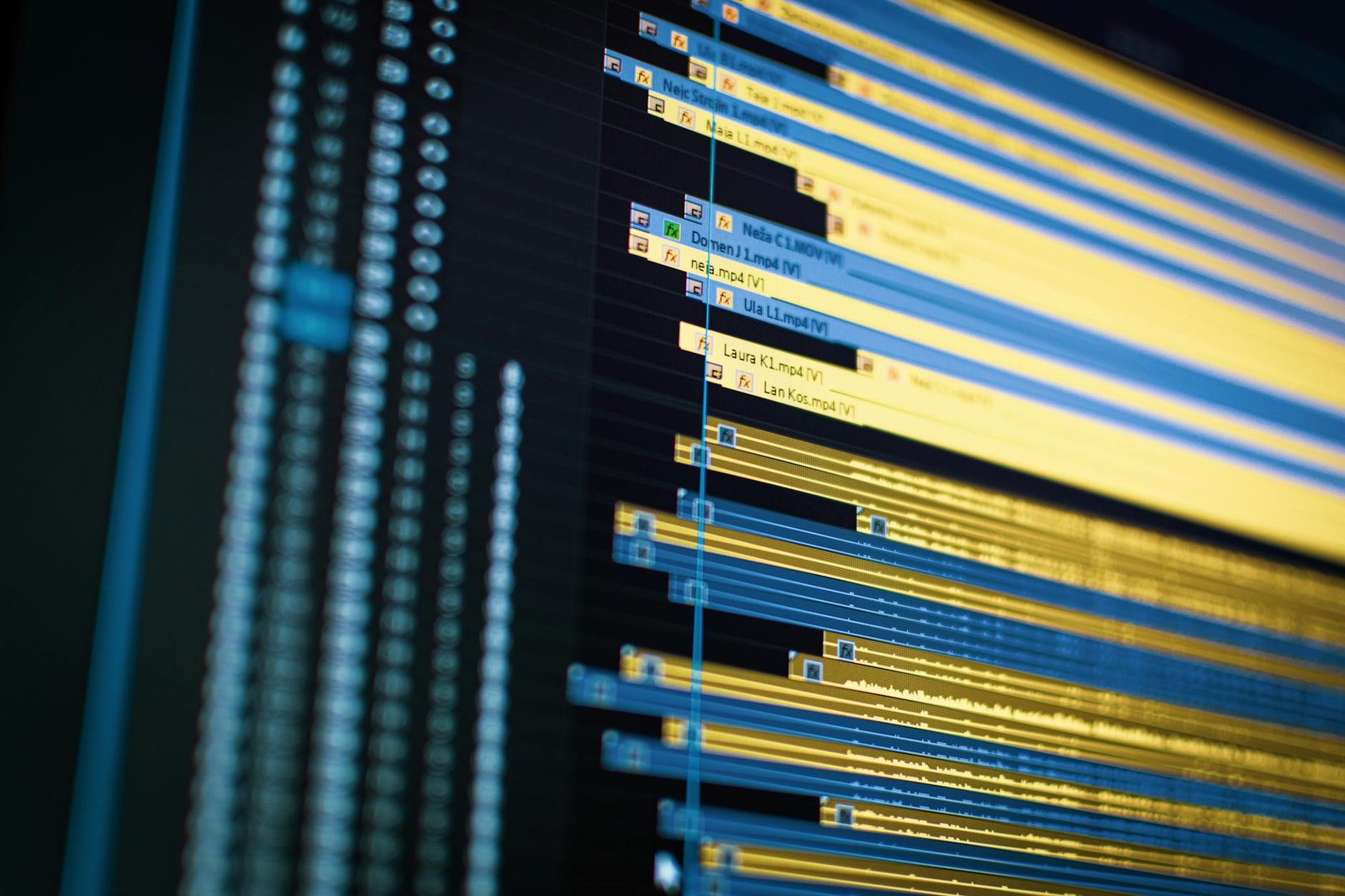 Close-up of a video editing timeline on a computer screen, showcasing modern technology.