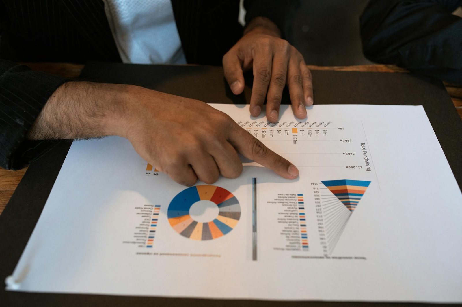 Hands pointing at colorful graphs and charts in a workspace. Ideal for business presentations and reports.