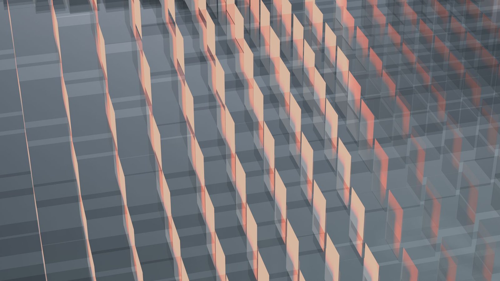 Abstract geometric design featuring layered glass-like structures in soft gray and pink tones.
